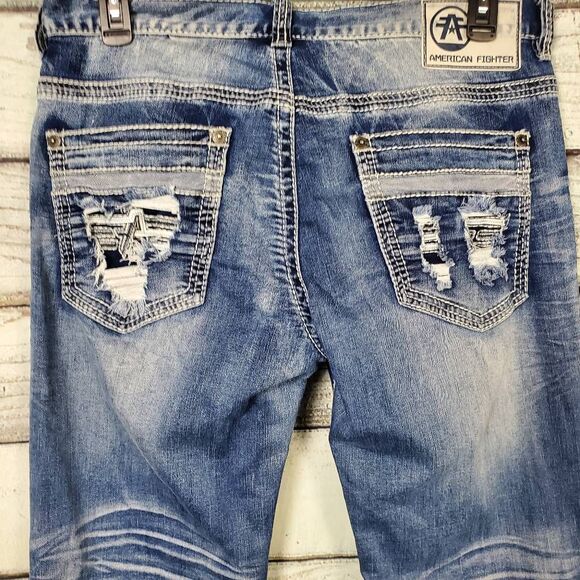 American Fighter Buckle Men’s Jeans Size 34L Blue Distressed Denim - Picture 8 of 13